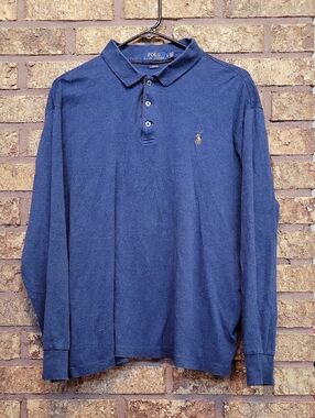 Polo by Ralph Lauren Men's Long-Sleeve Cotton Polo Shirt Navy Blue Size Large